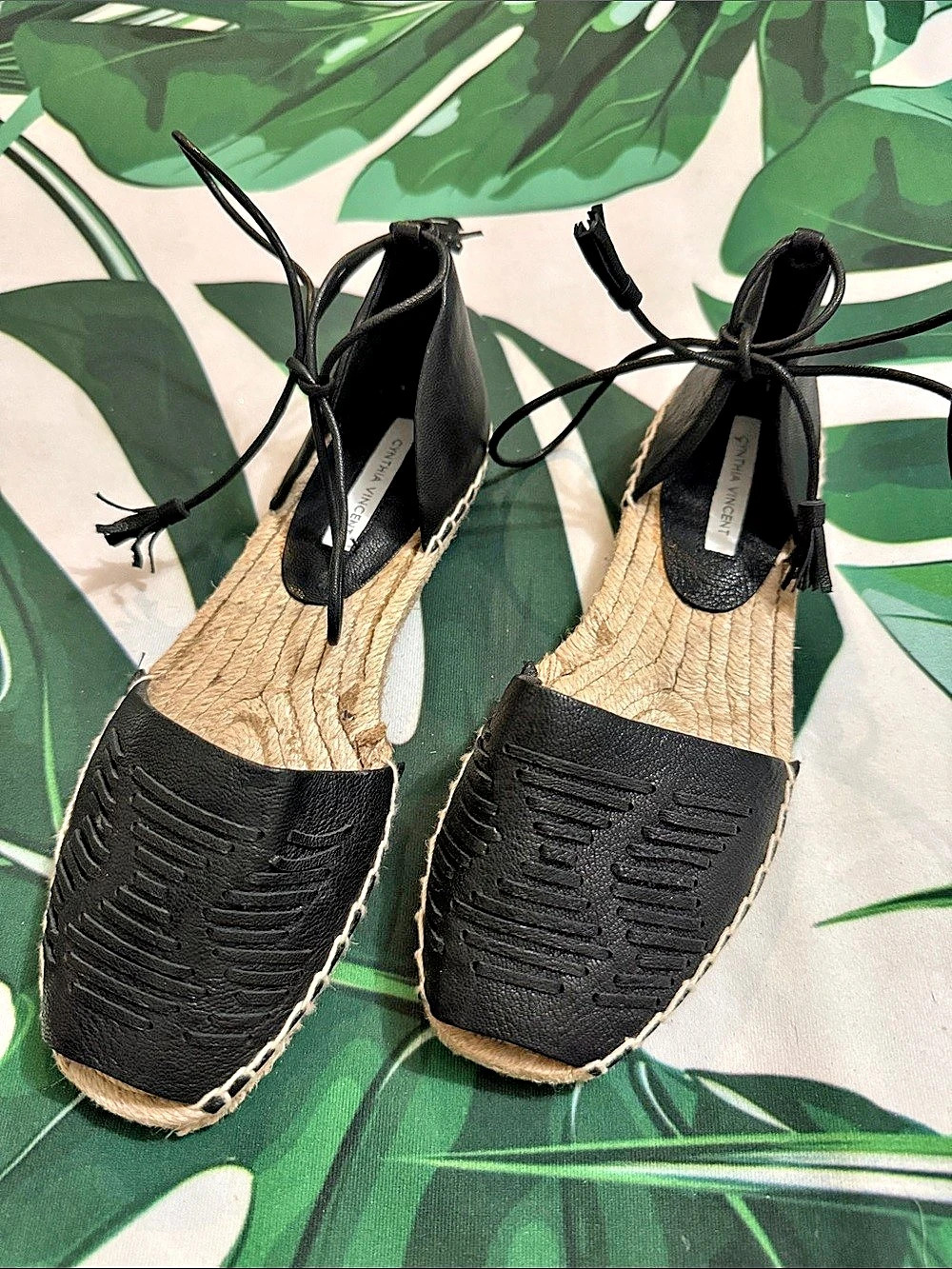 Cynthia Vincent Black Espadrille Lace-Up Flats